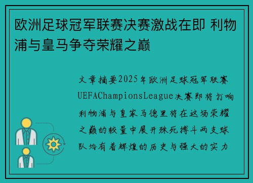 欧洲足球冠军联赛决赛激战在即 利物浦与皇马争夺荣耀之巅