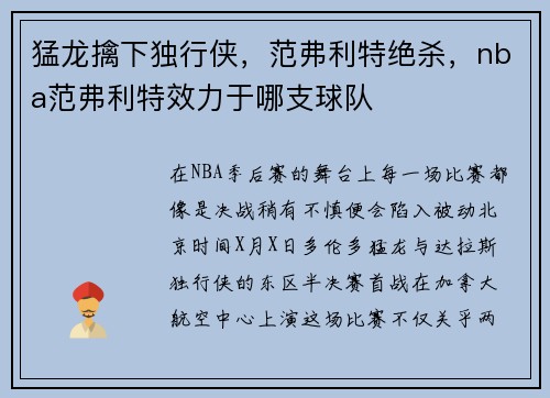 猛龙擒下独行侠，范弗利特绝杀，nba范弗利特效力于哪支球队