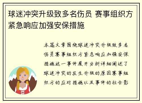 球迷冲突升级致多名伤员 赛事组织方紧急响应加强安保措施