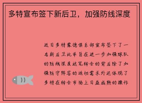 多特宣布签下新后卫，加强防线深度